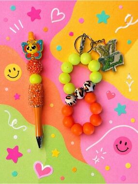 Handmade Neon Orange & Lime Beaded Keychain Set with Butterfly Pen